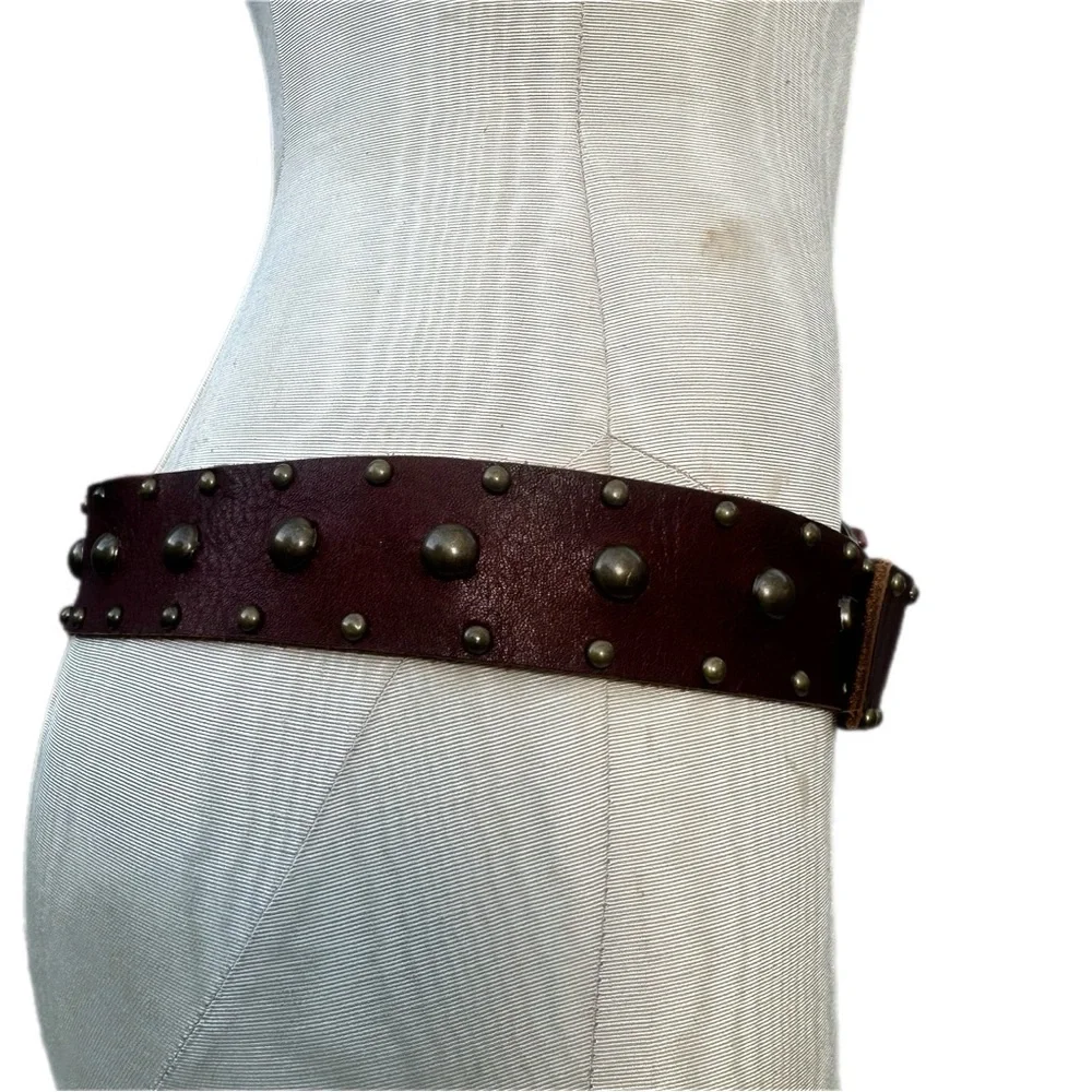 Vintage 90s Bebe Leather Studded Belt M/L Made in USA Southwest Mosaic Buckle
